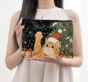 Christmas cat print cosmetic bag featuring a cute holiday design for daily use and travel.