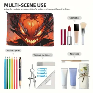 Canvas zipper pouch with cool pumpkin graphic, large capacity makeup bag and pencil case for daily use.