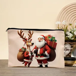 Canvas Christmas makeup pouch with cute Santa and reindeer print, ideal for holiday gifts.