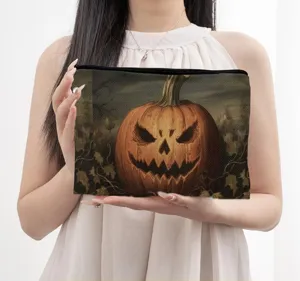 Halloween Kürbis Canvas Kosmetiktasche Detailansicht, gruselige Reißverschlusstasche für Alltag.