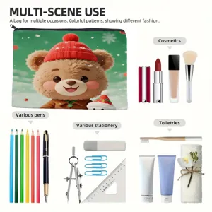 Multi-scene Christmas cartoon bear makeup bag, portable canvas storage pouch for stationery and cosmetics.