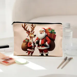 Close up detail view of canvas cosmetic makeup pouch featuring cute Christmas Santa print.