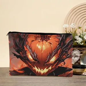 Detailed view of halloween pumpkin art canvas cosmetic pouch and pencil case flat design.