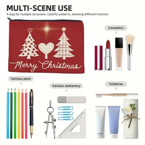 Christmas linen makeup bag large capacity zipper pouch multi-use travel toiletry organizer