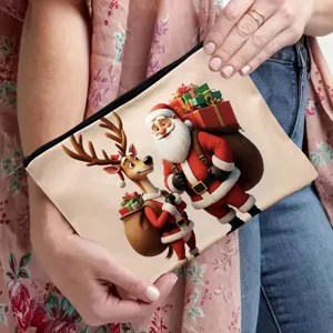 Christmas cartoon Santa reindeer canvas cosmetic zipper pouch detail view storage bag.