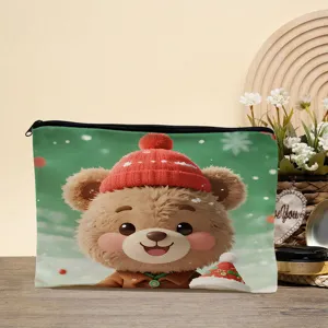Christmas cute cartoon bear print cosmetic bag zip waterproof storage pouch for travel.