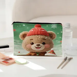 Christmas cartoon bear print makeup pouch stylish canvas storage bag for women cosmetics.