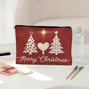 Christmas linen cosmetic bag, red zipper makeup pouch for travel and daily personal storage.
