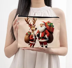 Christmas Santa canvas makeup pouch, cute cartoon zipper storage bag and handy coin purse.