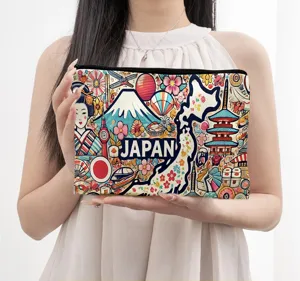 Borsa cosmetica stampata in stile giapponese con chiusura lampo per cancelleria o trucco.