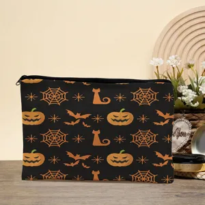 Gedetailleerd Halloween cosmetisch tasje met een leuke pompoen en zwarte kat print.