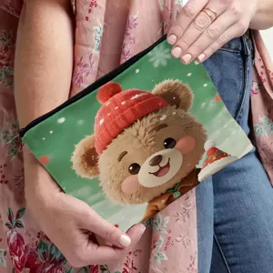 Christmas cute cartoon bear canvas cosmetic bag, portable zipper makeup pouch for travel.