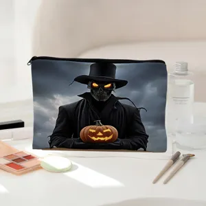 Halloween Leinwand Kosmetiktasche Detailansicht, gruseliges Skelett Kürbis Muster Etui.