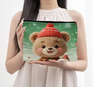 Christmas cute bear print cosmetic bag, festive zippered makeup pouch for travel and daily use.