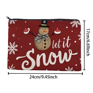 Christmas snowman print cosmetic bag detail view, waterproof cotton linen makeup pouch.