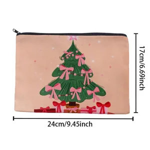 Canvas Christmas tree makeup pouch with zipper, festive cosmetic bag, 24x17cm size.