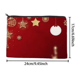 Red Christmas cosmetic bag with golden festive star patterns, durable zipper storage pouch.