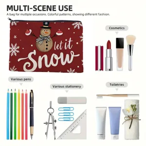 Close-up view of Christmas snowman canvas cosmetic bag showing multi-scene use and capacity.