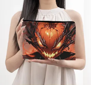 Canvas makeup bag with evil pumpkin graphic, large capacity zipper pouch for travel stationery.