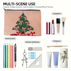Christmas tree linen zipper makeup pouch, multi-use cosmetic bag for travel and daily.