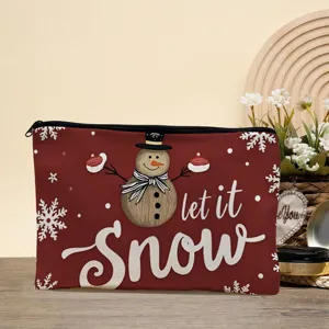 Red canvas cosmetic bag with cute snowman print and winter letter design, portable travel makeup pouch.