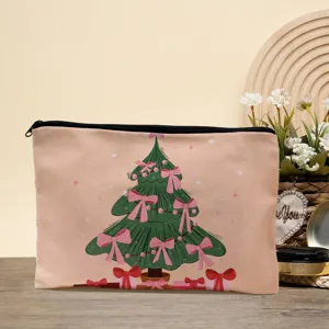 Christmas tree print linen cosmetic bag zipper makeup pouch large capacity travel storage case