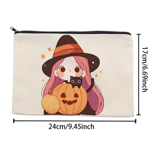 Detail view of Halloween cartoon canvas cosmetic bag, pencil pouch and storage organizer.