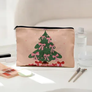 Christmas tree print linen zipper makeup pouch, large capacity travel storage bag for women.