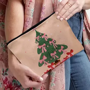 Detailed view of the Christmas tree print canvas cosmetic bag zipper pouch showcasing its design.