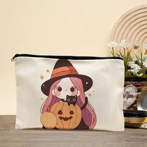 Canvas storage cosmetic bag with cute witch anime design, durable zipper pouch for travel.