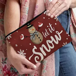 Christmas snowman cosmetic bag linen makeup pouch holiday zipper storage purse for women.