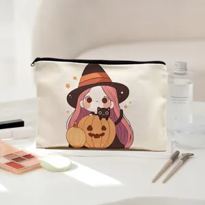 Cute Halloween canvas makeup bag, large capacity cosmetic pouch and pencil case for travel use.