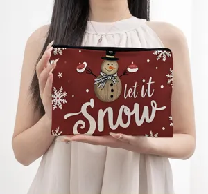 Christmas snowman print cosmetic bag linen makeup pouch with zipper closure for women