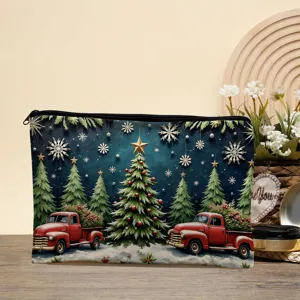 Christmas red truck cosmetic bag detail, festive holiday storage pouch with zipper design.