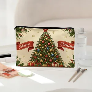 Vintage Christmas tree print cosmetic bag, large capacity canvas zipper makeup pouch for travel.