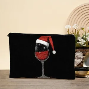 Detailansicht der Weihnachtsweinglas-Druck Kosmetiktasche, tragbare Make-up-Tasche für Reisen.