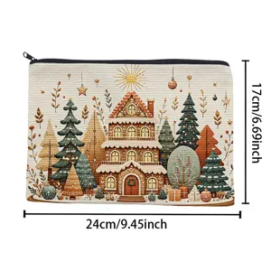 Christmas gingerbread house pattern canvas zipper pouch makeup storage cosmetic toiletry bag.