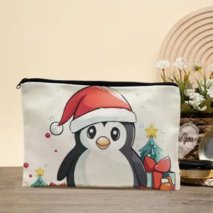 Large capacity Christmas penguin cosmetic bag, cute polyester travel makeup storage pouch.
