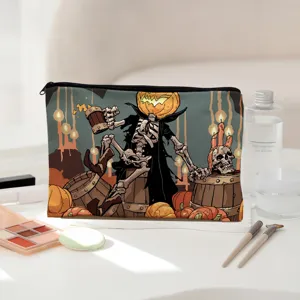 Halloween Kürbis Skelett Leinen Kosmetiktasche Detailansicht mit gruseliger Illustration.