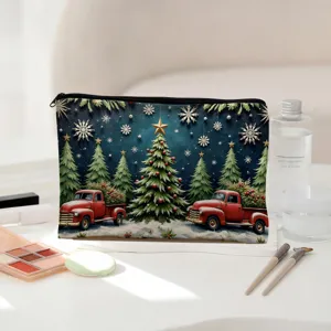 Detailed view of Christmas cosmetic storage bag with festive red truck and tree print.