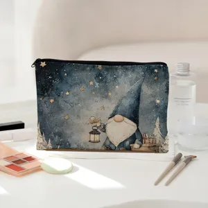 Trousse de maquillage portable en toile avec joli motif de gnome et ciel étoilé.