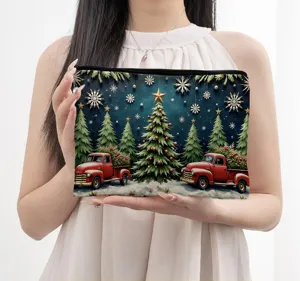 Christmas cosmetic bag zipper makeup pouch holiday festive red truck pine tree gift storage