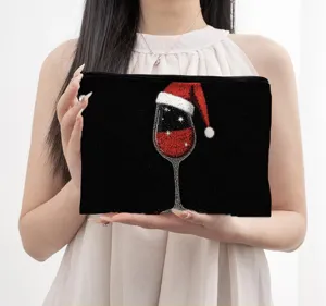 Tragbare Weihnachtsmotiv Kosmetiktasche mit Rotwein-Druck, ideal für tägliche Reisen.
