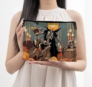 Halloween Kürbis Skelett Canvas Kosmetiktasche, langlebige Reißverschluss Make-up Tasche.