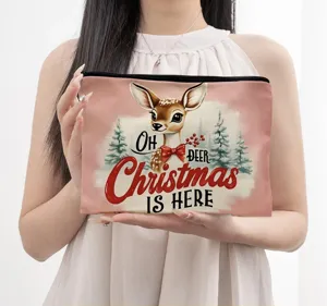 Kosmetiktasche aus Canvas mit süßem Hirsch- und Weihnachtsbaum-Print für Reisen.