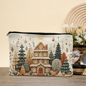 Christmas gingerbread house printed fabric cosmetic pouch zipper makeup storage bag aesthetic