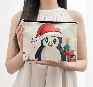 Detail view of large capacity Christmas penguin cosmetic bag, polyester travel storage pouch.