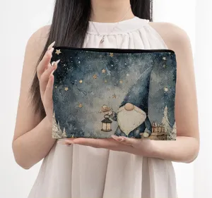 Trousse de maquillage zippée portable avec motif de nain de Noël et ciel étoilé pour femmes.