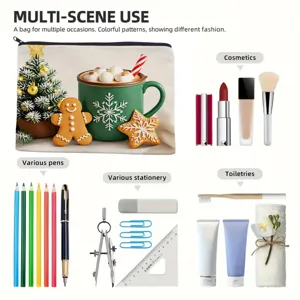 Multi-scene storage bag detail showing large capacity, cosmetics, pens, and toiletries use.