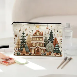 Christmas gingerbread house canvas cosmetic bag winter forest print zipper travel makeup pouch